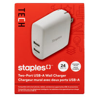 Staples USB-A Wall Charger - 24W - White-24W 2-port wall charger with 2 USB-A charging ports