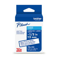 Brother Laminated Tape for P-touch Label Maker - 12 mm - Blue Print on White Label-Blue on white laminated TZe 12 mm tape for use with Brother P-touch label makers