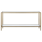 Hudson&Canal - Console Hera 64" de largeur avec étagère en verre - Laiton brossé-Le plateau et l'étagère sont en verre trempé durable