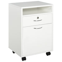 HOMCOM 24" Rolling Document & Printer Filing Cabinet - White-Ample storage space with open shelf, drawer, and large cabinet are used for files and other important paperwork    
