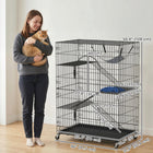 PawHut - Cage pour chat à 4 niveaux, grande enceinte pour chat en métal avec roulettes-Doubles portes avant permettant un accès facile pour nourrir et interagir 
