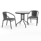 Table ronde en verre et en métal 28 po avec bordure en rotin gris et 2 chaises empilables en rotin gris (TLH-087RD-037GY2-GG)-Ensemble de table et chaises