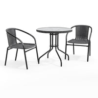 Table ronde en verre et en métal 28 po avec bordure en rotin gris et 2 chaises empilables en rotin gris (TLH-087RD-037GY2-GG)-Ensemble de table et chaises