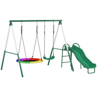 Qaba 5' Slide and Swing Set with Adjustable Seat and Saucer Swing - Green/White-Saucer swing, seat, and slide allow three kids to play 