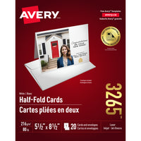 Avery - Cartes de souhaits jet d'encre pliées en deux, blanches, 5,5 x 8,5, paq./20-Cartes de souhaits pliées en deux