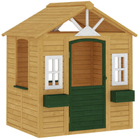 Qaba Outdoor Kids Wooden Playhouse with Working Door, 3 Windows and 2 Flower Boxes - Brown-Made of robust fir wood for all-weather outdoor sturdiness and reliability