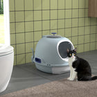 PawHut Enclosed Cat Litter Box with Lid, Scoop, Front Door and Skylight - Blue-Front door with stopper for top-only exit to maintain cleanliness 