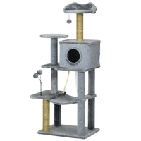 PawHut 54" Condo Tower Cat Tree with Hammock, Scratching Post - Grey-Seaweed rope posts satisfy your cats' desire to claw and protect your furniture from scratching 