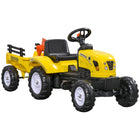 Aosom Kids Pedal Ride-On Excavator with Back Trailer, Shovel and Rake - Yellow-Yellow and black tractor with a pull-along trailer, shovel, and rake for the back 