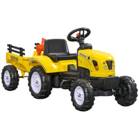 Aosom Kids Pedal Ride-On Excavator with Back Trailer, Shovel and Rake - Yellow-Yellow and black tractor with a pull-along trailer, shovel, and rake for the back 