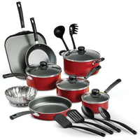 Tramontina - PrimaWare Ensemble de 18 pièces de batterie de cuisine en aluminium antiadhésif – Rouge-Matériau : construction durable en aluminium pour une distribution uniforme de la chaleur