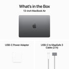 Apple MacBook Air 13.6" - M3 Chip - 256 GB SSD - 16 GB Unified Memory - Space Grey - English-Get connected: MacBook Air features two Thunderbolt ports, a headphone jack, Wi-Fi 6E, Bluetooth 5.3, and a MagSafe charging port. And connect up to two external displays with the laptop lid closed.