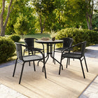 Table ronde en verre et en métal 28 po avec bordure en rotin noir et 4 chaises empilables en rotin noir (TLH-087RD-037BK4-GG)-Pour une utilisation intérieure et extérieure