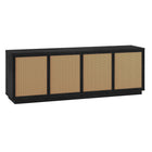 Hudson&Canal Pryce TV Stand for TV's up to 78" - Black Grain/Natural Rattan-Features four faux caned, two-toned doors with enclosed cabinets and 4 shelves for ample storage