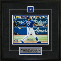 Vladimir Guerrero Jr. with Pin and Plate Toronto Blue Jays Swing - Framed Print - 18" x 18"-Premium 8x10 framed