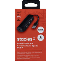 Staples 4-Port USB-A Hub - Black-Universal – Works with Windows 7 & up and is compatible for use with computers equipped with a USB-A port