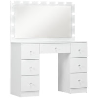 HOMCOM Makeup Vanity Desk with Mirror and Lights - 40.9" L x 15.7" W x 53.3" H - White-Large mirror with 14 LED bulbs enhances makeup application 