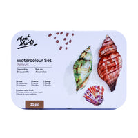 Mont Marte - Coffret aquarelle 21 pièces en boîte métallique - Couleurs assorties-Ce kit portable et pliable permet de ranger 18 peintures aquarelles et les outils essentiels pour peindre en déplacement
