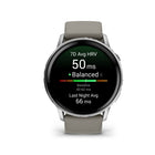 Garmin Venu 4 Smartwatch - 45 mm - Silver with Silver Gray Silicone Band-Advanced sleep tracking (improved): Get a sleep score and personalized coaching for how much sleep you need and how you can improve. Even keep track of different sleep stages and naps — and see key metrics, such as HRV status and skin temperature, to better understand your health. Plus, with the sleep alignment feature, see how aligned you are to your circadian rhythm and see your sleep consistency