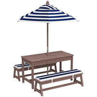 Qaba - Table de pique-nique pour enfants, ensemble table et bancs en bois avec coussins et parasol - bleu-Comprend 2 bancs et une table avec un parasol  
