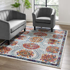 Modway Entourage Kensie Distressed Floral Moroccan Trellis Area Rug - 5 ft W x 8 ft L - Ivory Blue Red Orange Yellow-Tight Low Pile Weave