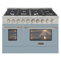 Kucht 48" KDF Series Pro Style Propane Ready Dual Fuel Range - Stainless Steel/Light Blue-Cook and bake like a pro with 2 separate ovens with large oven windows, the main is a heavy-duty blue porcelain oven with 4.2 cu. ft. of capacity while the additional side oven has 2.5 cu. Ft