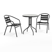 Table ronde de 23,75 po en verre et en métal, 2 chaises empilables noires en aluminium, dossier à lattes (TLH-071RD-017CBK2-GG)-Ensemble de table et chaises