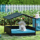 PawHut Wicker Dog House with Removable Cushion - Blue-Ideal for the courtyard, garden, balcony, patio, or indoors, a great addition to your wicker furniture set 