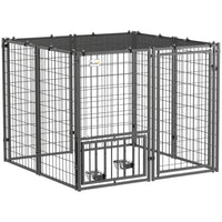 PawHut Outdoor Dog Run with Adjustable Rotating Dog Bowls - 4.6' x 4.6' x 3.7' - Black-21 sq.ft. (1.96 m²) activity area allows ample space for dog relaxation 
