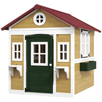 Outsunny Outdoor Kids Wooden Playhouse with Door, Windows, Planter Pots and Boxes - Beige-A front entrance, retro windows, 2 plant boxes, and 2 adorable planter pots included for the actual playing experience 