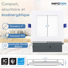 Impotek - Luminaire encastré au plafond carré DEL 4 po 9W 5CCT gradable – Paquet de 6-Garantie limitée de 5 ans du fabricant
