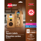 Avery White Laser/Inkjet Permanent Print-to-the-Edge Square Labels, 1-1/2" x 1-1/2", 600 Pack (22805)-Permanent, Square label