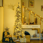 HOMCOM 6' Pre-Lit Slim Snow-Flocked Artificial Christmas Tree - Blue-Warm white LED lights for beautiful holiday lighting, while consume little energy and are cool to touch 