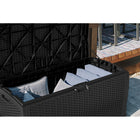 Suncast - Coffre de terrasse en résine tressée 99 gal - Noir-Le couvercle renforcé offre une solution unique de sièges et de rangement.
