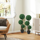 HOMCOM 35" Artificial Boxwood Triple Ball Topiary Tree - Green - 2 Pack-Grass and cement soil are included, making it more stable and real 
