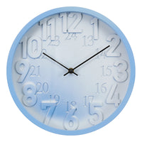 Monarch Specialties 9119 12" Round Juvenile Wall Clock - Blue Face/Blue Frame-This contemporary 12" round wall clock features a sleek light blue face and blue plastic frame, making it the ideal accent for any modern home decor or juvenile space