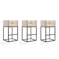 Manhattan Comfort - Tabouret de bar Embassy 21" style milieu du siècle moderne, revêtement en similicuir crème et noir, lot de 3-Tabouret de bar moderne du milieu du siècle avec banquette arrière parfait pour un bar et une cuisine. Ensemble de 3