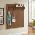 Modway Render Fluted Coat Rack Panel with Shelf - Walnut-Durable Wood Grain Laminate Finish