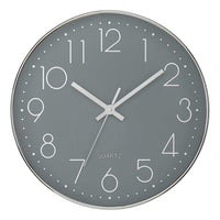 Monarch Specialties 9107 12" Round Wall Clock - Grey Face/Silver Frame-Add an industrial contemporary touch to your decor with this sleek 12" round wall clock featuring a chic grey face set against a stylish silver frame