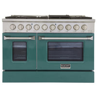Kucht 48" KNG Series Pro Style Natural Gas Range - Stainless Steel/Green-Cook and bake like a pro with two separate ovens featuring large oven windows. The main oven is a heavy-duty blue porcelain oven with 4.2-cu-ft of capacity, while the additional side oven has 2.5-cu-ft of capacity