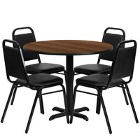 Flash Furniture – Table ronde de 36 po au dessus stratifié noyer avec base en X et 4 chaises noires à dossier trapézoïdal-Ensemble de table et chaises