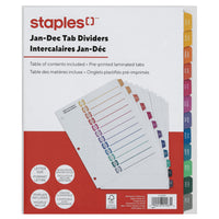 Staples Pre-Printed Index Dividers - Jan-Dec - Coloured-Tab dividers are labeled Jan to Dec to get documents organized