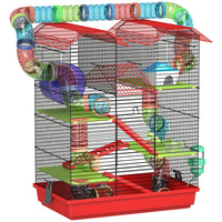 PawHut 23" H 5-Tier Small Animal House with Tunnel Tube System, Exercise Wheel and Water Bottle - Red-Multiple platforms enhance exploration and climbing fun 