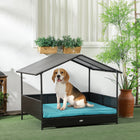 PawHut Rattan Dog House with Shade Canopy Cushion - Blue-With a canopy for sun protection 