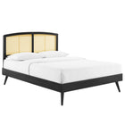 Modway Sierra Cane and Wood Full Platform Bed with Splayed Legs - Black-Woven Cane Rattan Headboard