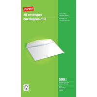 Staples #8 White Premium Gummed Envelopes - 3-5/8" x 6-1/2" - 500 Pack-This #8 envelope is designed for use as a return envelope in #9 or #10 envelopes or for sending smaller cheques, notes, memos and more