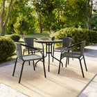 Table ronde en verre et en métal 28 po avec bordure en rotin gris et 4 chaises empilables en rotin gris (TLH-087RD-037GY4-GG)-Pour une utilisation intérieure et extérieure