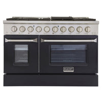 Kucht 48" KNG Series Pro Style Natural Gas Range - Stainless Steel/Black-Cook and bake like a pro with two separate ovens featuring large oven windows. The main oven is a heavy-duty blue porcelain oven with 4.2-cu-ft of capacity, while the additional side oven has 2.5-cu-ft of capacity