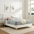 Modway - Yasmine Lit plateforme Queen en velours haute performance avec capitonnage vertical et pieds en métal doré - Blanc-Capacité de poids du cadre du lit : 800 lb