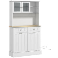 HOMCOM 68" H Kitchen Pantry Cabinet with Charging Station - White-Storage consisting of an enclosed cabinet, 2 open shelves, 2 large drawers, a spacious countertop, and 2 tilt-out cabinets 